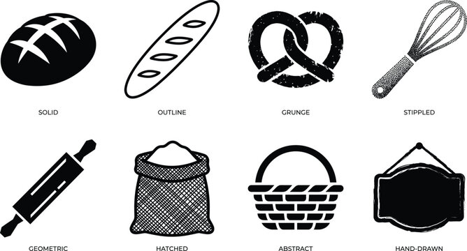 Bakery and bread vector graphic icons set showing different design styles like solid outline grunge and stippledWeb