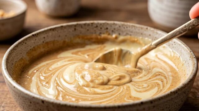 Slow motion tracking handheld shot of spoon pouring creamy peanut butter swirl into ceramic bowl on wooden kitchen countertop in warm morning cooking scene