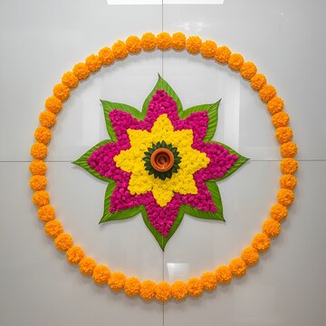 flower rangoli for Diwali or pongal made using marigold or zendu flowers and red rose petals over white background with diwali diya in the middle, selective focus 