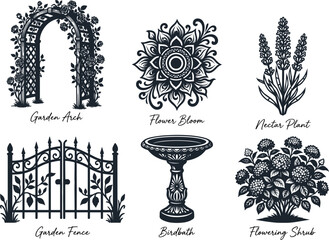 Garden landscaping silhouette elements set featuring rose arch flower bloom nectar plant fence birdbath and flowering shrub © MDARIFUL