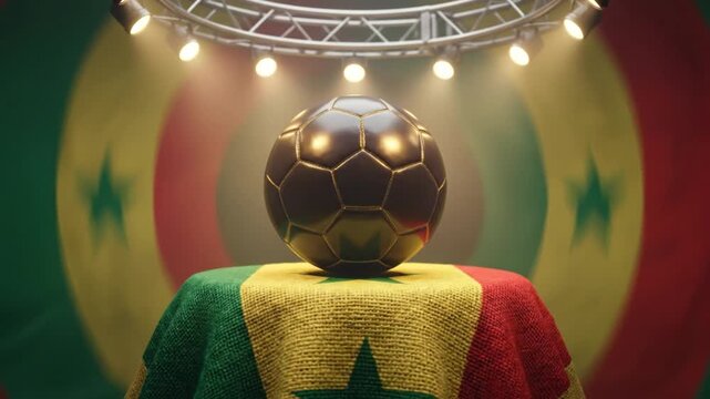 A prestigious golden soccer ball sits on a pedestal draped in the Senegalese flag. Studio lights shine down, celebrating Senegal's football achievements in a cinematic tribute.