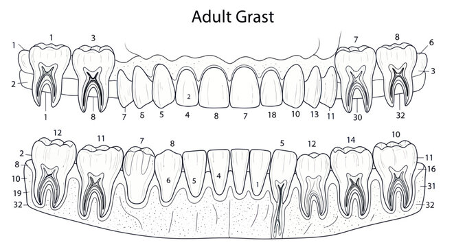 Adult human teeth diagram with numbered permanent dentition