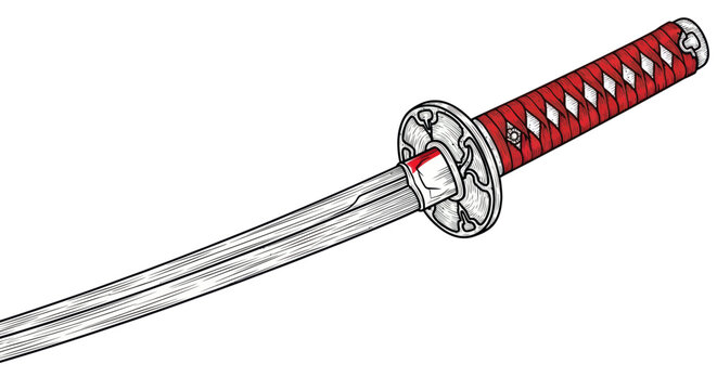 Traditional katana sword with intricate red hilt and curved blade