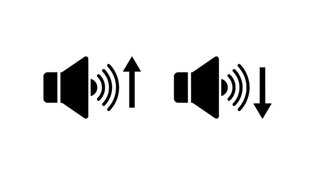 Black volume up and down speaker icons with arrows, isolated on a transparent background. Perfect for audio controls.