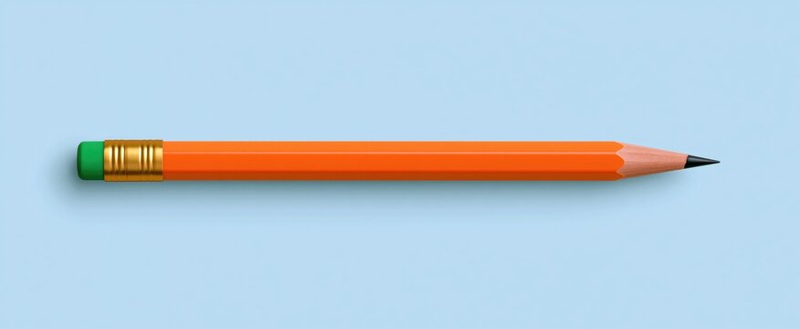 Orange pencil featuring a green eraser and gold band set against a soft pastel blue background.