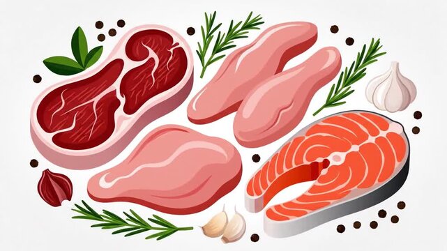Assortment of Raw Meats and Fish for Cooking
