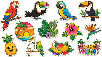 Obraz premium Colorful Tropical Sticker Collection Featuring Parrots, Fruits, and Flowers