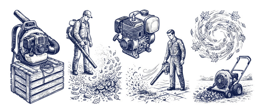 Leaf blower engine worker illustration set of hand drawn vintage engraving style sketches showing landscaping gardening equipment yard work cleanup of autumn leaves, and tool icons on white background