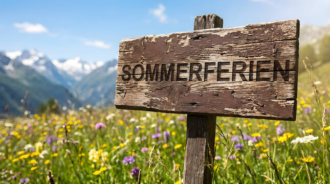 A rustic sign reading Sommerferien stands in a flower meadow with mountains in the background for summer holiday and travel concepts