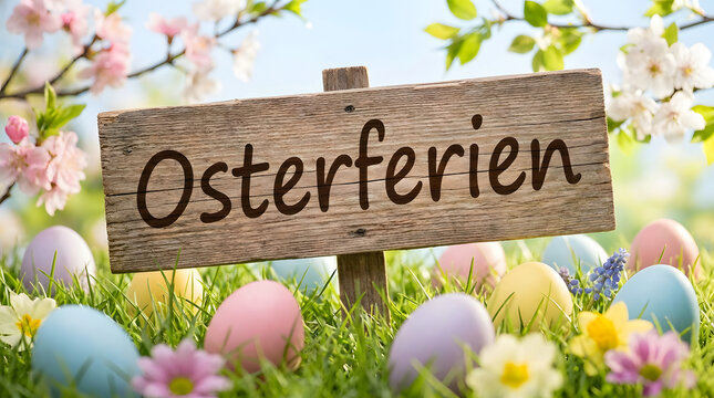 A wooden sign reading Osterferien is surrounded by spring blossoms and Easter eggs for school holiday and seasonal vacation themes