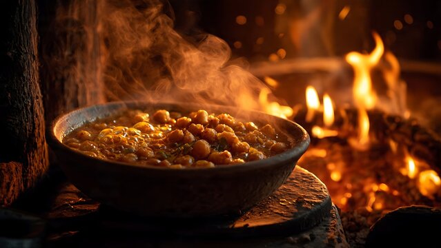 Wooden bowl filled with roasted chestnuts over open fire.