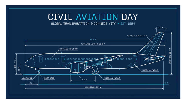 Airplane Technical Blueprint Diagram for Civil Aviation Day