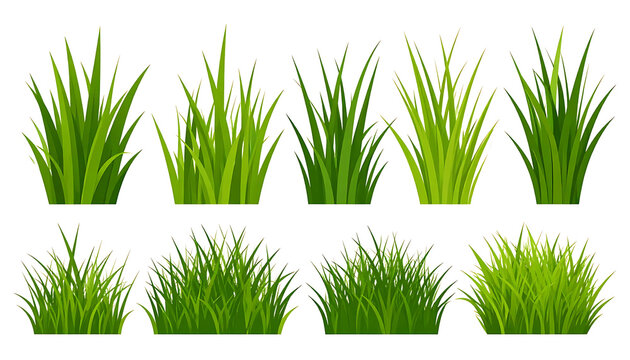 Collection of pixel art green grass clumps, isolated elements on white, perfect for game assets or digital illustration