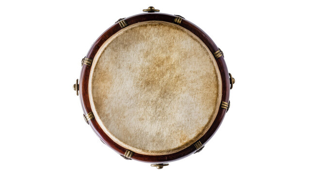 Round wooden bodhran drum with aged skin head, isolated on transparent background