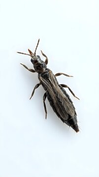 Isolated dark brown winged insect with elongated body and prominent antennae on white background, suitable for educational materials, pest control resources, and design applications.