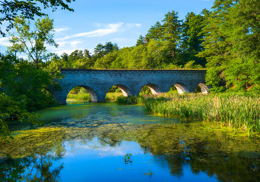 Historic Wachusett Aqueduct and wildlife conservation area at the Assabet River Reservoir in Marlborough, Massachusetts, USA