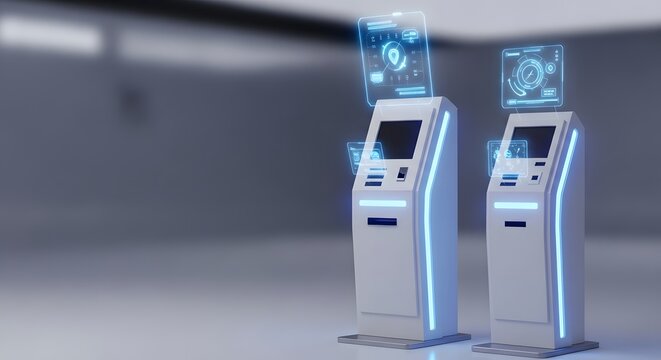 Two modern self-service kiosks with glowing blue accents and holographic interfaces in a futuristic setting, representing automated transactions and digital interaction.