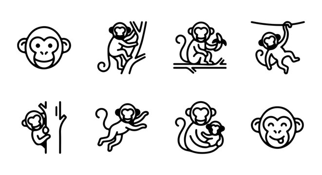 Charming Monkey Icons, Cute Primate Vector Graphics, Playful Simian Illustrations, Jungle Animals Set