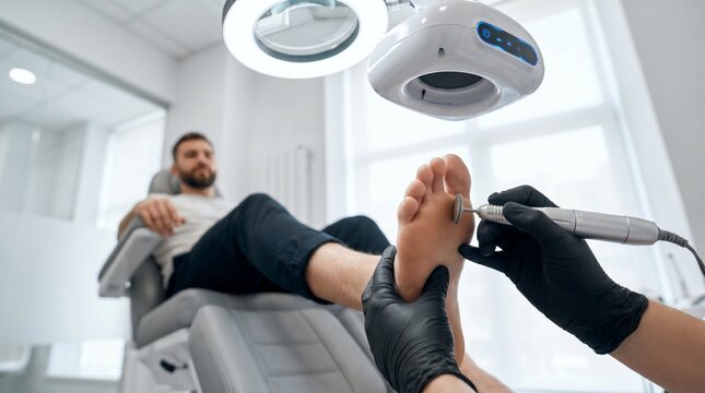Podiatrist in black gloves treating male patient's foot with an electric pedicure file, removing calluses from the sole. Modern podiatry clinic interior with equipment