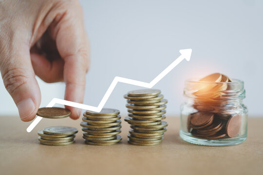 hand add more coin on stack of coins with increasing graph and up arrow icon  for insurance, fund, SSF, LTF, RTF, savings, retirement, pension concept