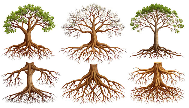 Collection of pixel art trees in different seasons, showing full root systems, winter bare branches, and stumps, isolated on white