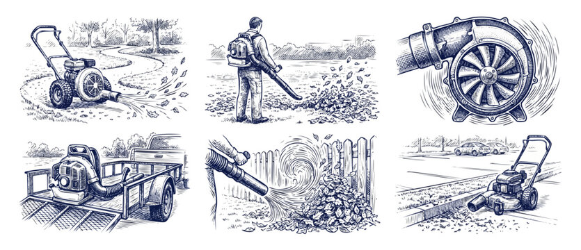 Leaf blower illustration set engraving style showing yard work, walk behind blower, backpack blower, and landscaping equipment clipart for autumn garden maintenance clean up vector sketch designs.