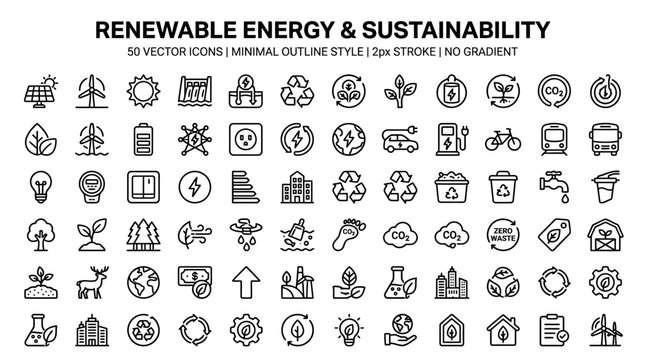 Set of Linear Environmental Icons Representing Renewable Energy and Sustainable Development Practices