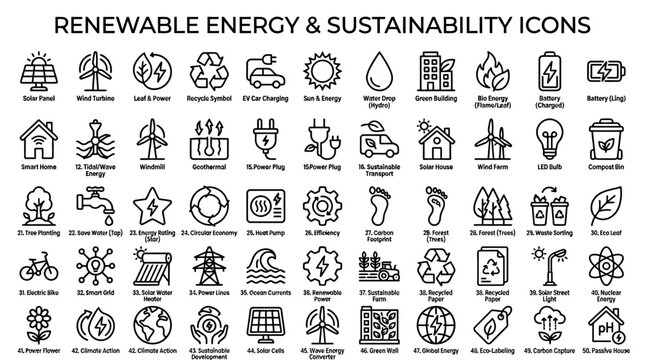 Comprehensive Set of Line Art Environmental Conservation and Sustainable Power Generation Vector Icons