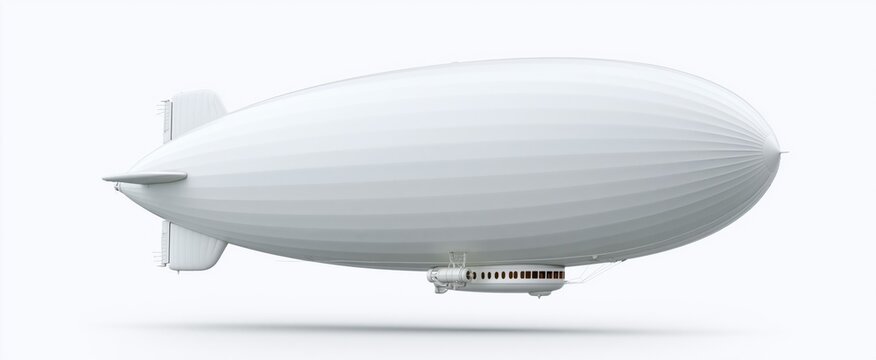 A stylish white blimp airship with an intricate gondola levitates in a bright minimalist setting.
