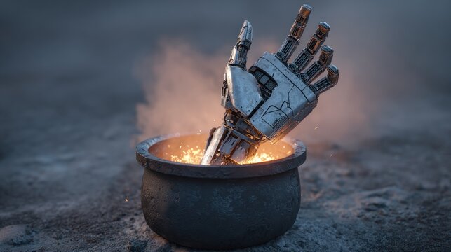 Metallic hand immersed in fire within a cauldron digital illustration