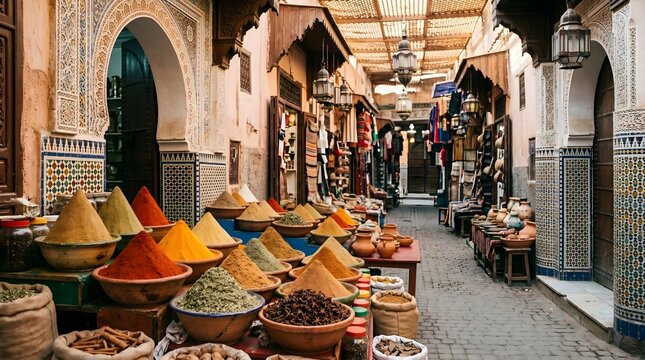 Colorful Spice Market Display in Traditional Middle Eastern Souk with Vibrant Ceramic Bowls