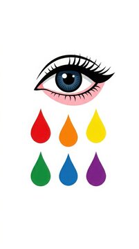 Stylized human eye with six colorful raindrop shapes in rainbow colors iris pupil