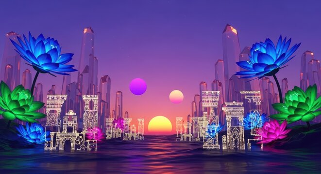 Neon-lit futuristic fantasy landscape featuring giant glowing flora, crystalline towers, and holographic ancient ruins under a bizarre purple sunset, glowing, magical, vibrant