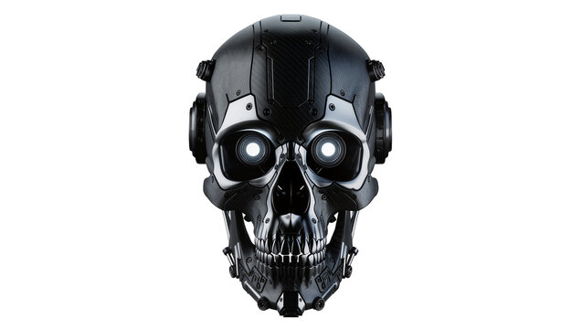 Futuristic cyborg skull with glowing eyes, isolated on transparent background