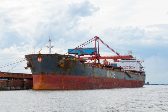 Stade, Germany &ndash; June 6, 2026: Bulk carrier CAPTAIN V. MADIAS, sailing under Liberian flag, unloading Bauxite at Stade, Germany. 