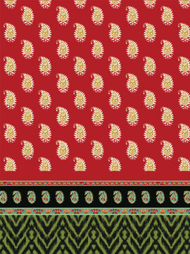 Red paisley pattern fabric design with tribal border
