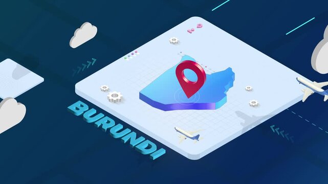 Isometric 3D Render of Burundi Map with Red Location Pin Pointer and Floating Airplanes