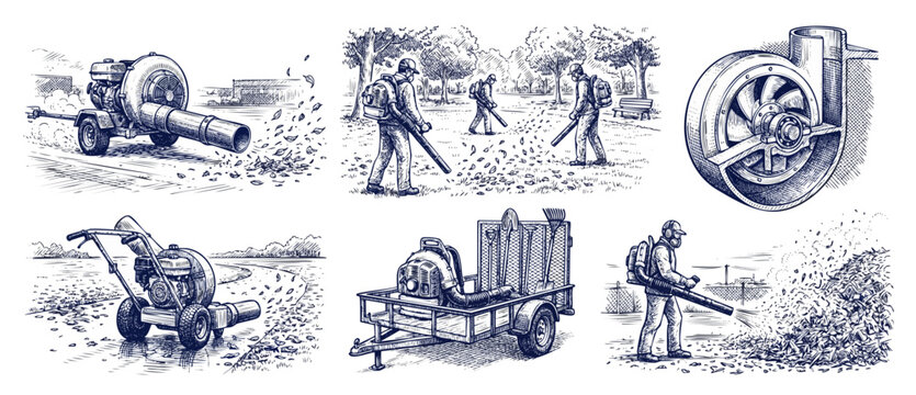 Leaf blower landscaping equipment illustration set featuring lawn care workers clearing autumn leaves with backpack blowers, utility trailers, and walk-behind tools in a classic hand-drawn sketch styl