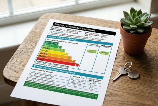 Vertical EPC rating A document with potted plant and keys on wood desk