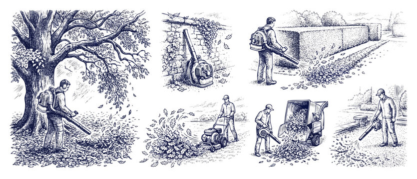 Leaf blower gardening illustration set featuring men cleaning autumn yard using backpack leaf blowers, lawn mower, wood chipper, and clearing fall foliage in detailed hand-drawn engraving vintage art.