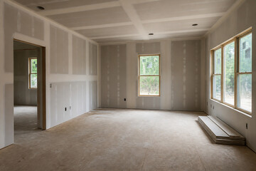 Fototapeta premium An empty, bright room under construction with white walls and a concrete floor.