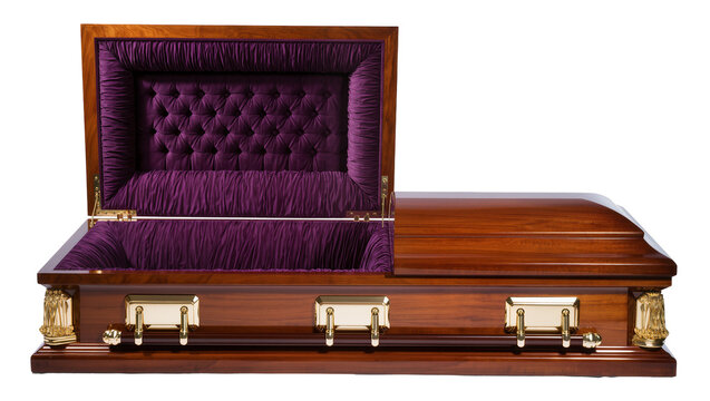 Ornate wooden coffin with plush purple velvet interior, isolated on transparent background