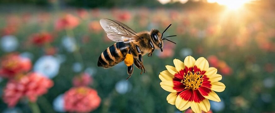 A bee in flight with vivid pollen sacs contrasts against a soft pastel background, highlighting natural beauty.