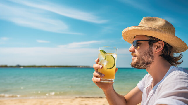 Tourist guy in straw hat with tropical cocktail in his hand at the beach with sea background