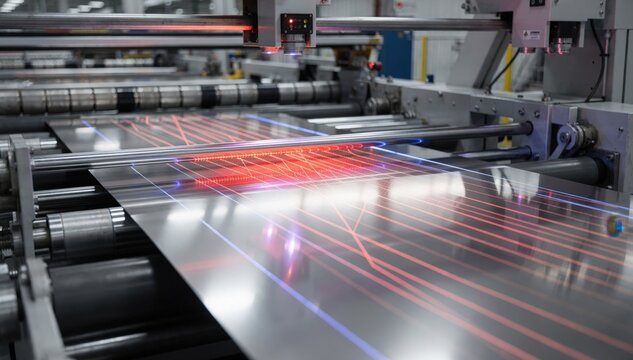 Medium shot of laser sensors scanning a moving metal sheet to measure width and thickness in a manufacturing line ensuring precise quality control and uniform production.