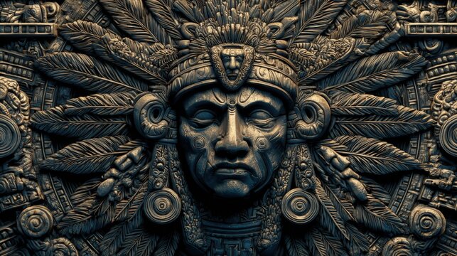 Maya Aztec civilization, Mexico culture. Mysterious, fantasy. A detailed, intricately carved sculpture of a central figure, likely a deity or deity.