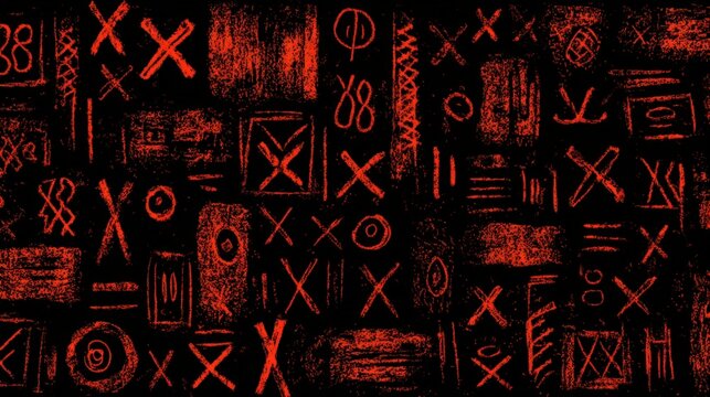 Maya Aztec civilization, Mexico culture. Mysterious, fantasy. A dark, textured background features a collection of intricately designed symbols and symbols, predominantly red and black.