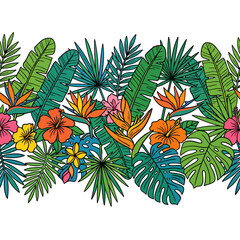 Colorful tropical flowers and palm leaves seamless border © danuar