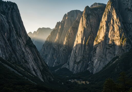 Monumental sheer rock faces rising sharply from the valley floor, showing millennia of weathering and geological history, sediment, jagged, towering