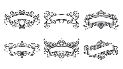Heraldic ornate ribbon banners with baroque scroll flourishes © BUDI